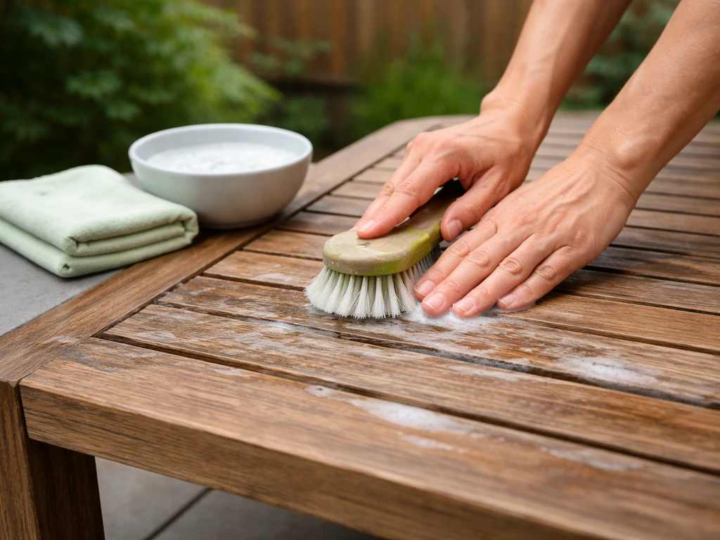 Hands scrubbing a teak outdoor surface with a soft brush and soapy water on a quiet patio