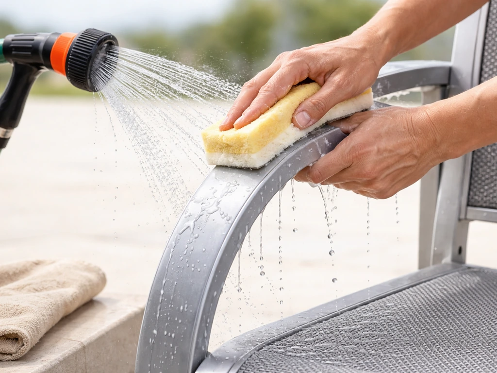 Hands gently scrubbing and rinsing a powder-coated aluminum chair with mild soap and a hose spray.