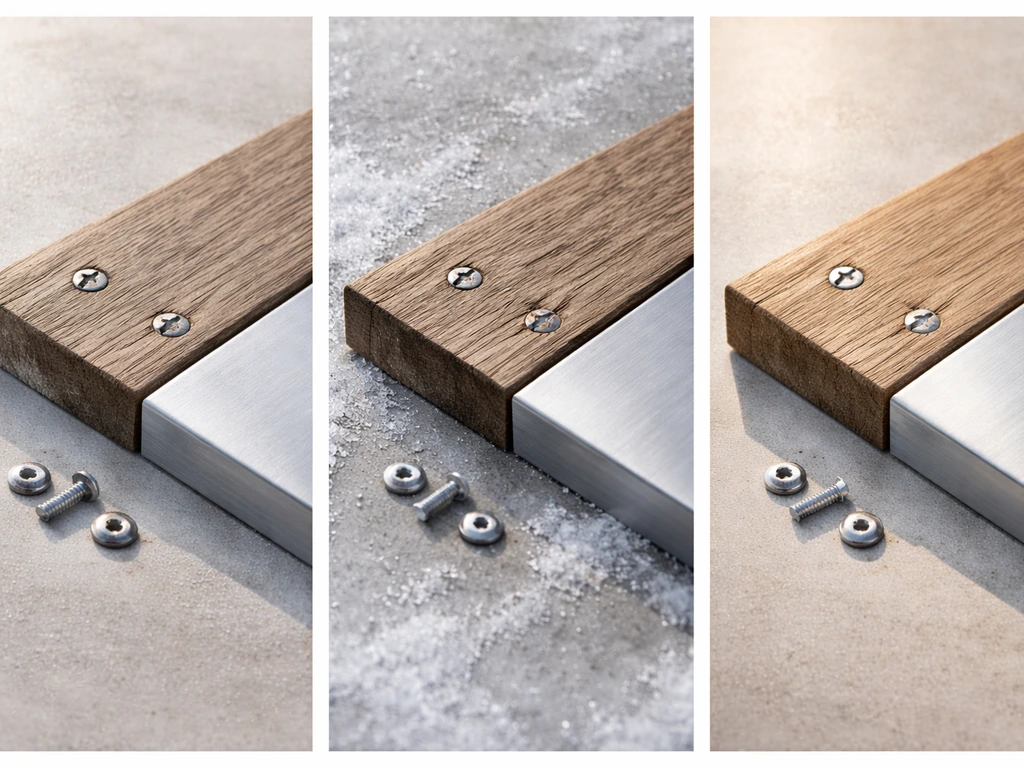 Three minimal photos showing salt air corrosion, freeze-thaw cracking risk, and high-UV fading on wood and metal.