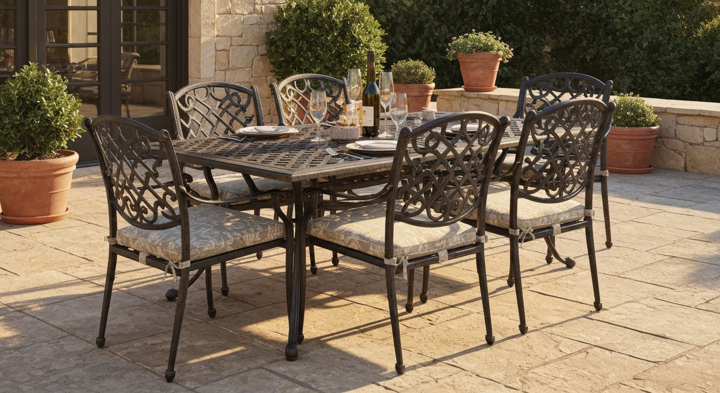 Premium cast iron dining set with ornate scrollwork on a stone terrace in warm late-afternoon light.