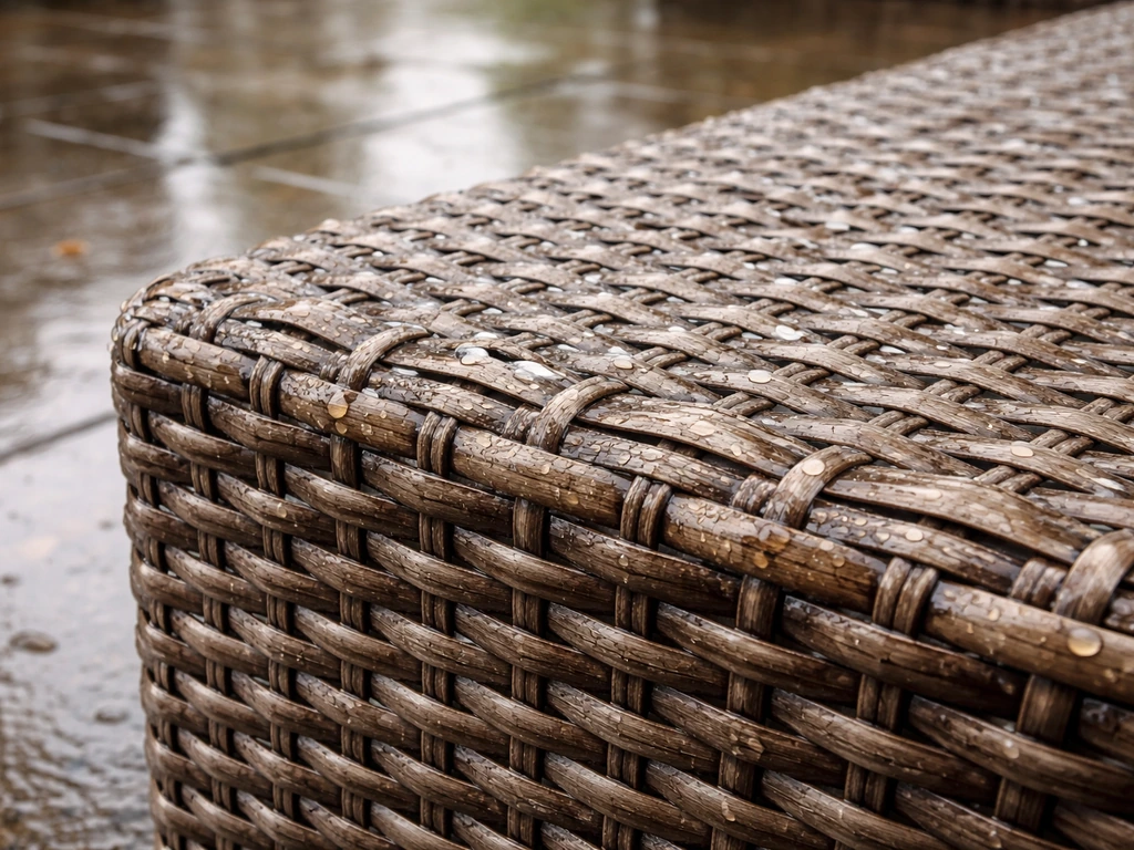 Wet synthetic wicker patio furniture with water beading on a rainy outdoor patio