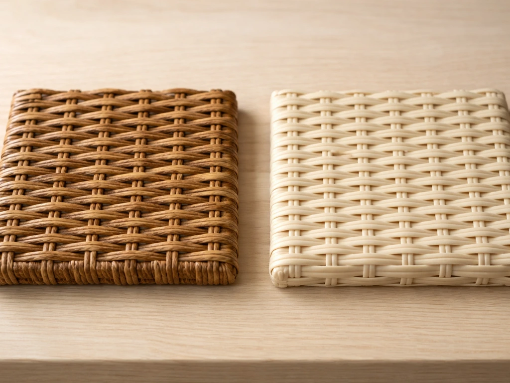 Side-by-side close-ups comparing natural rattan weave and uniform synthetic PE resin wicker strands.