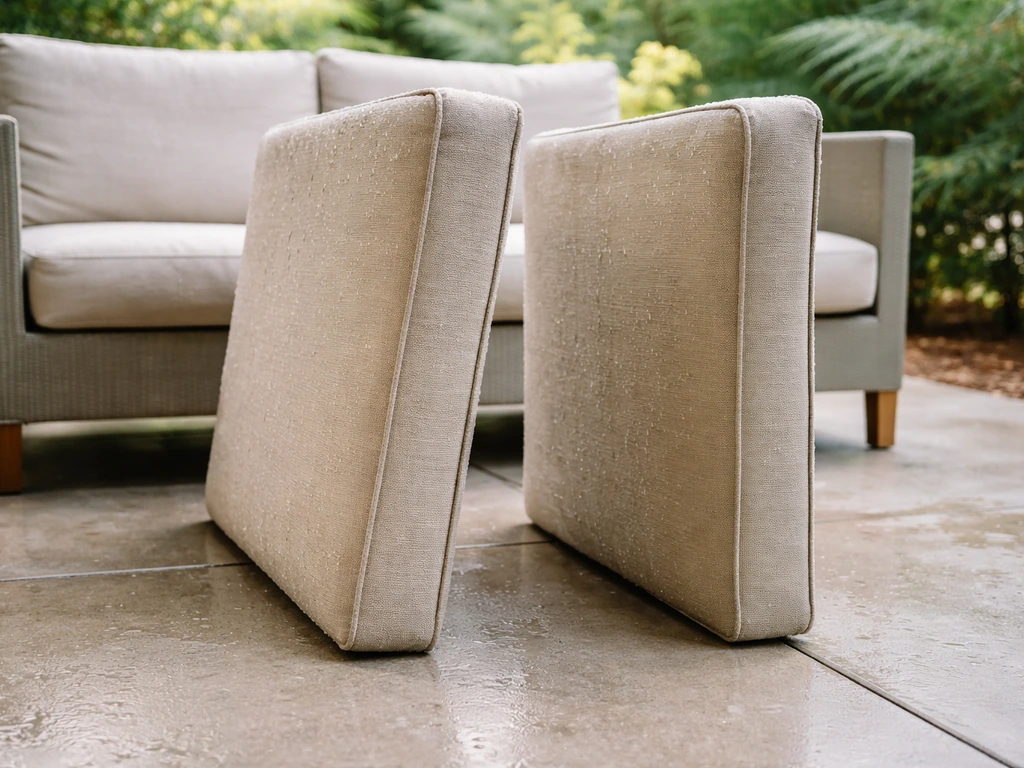 Upright sofa cushions set for quick drying on a patio right after rain.