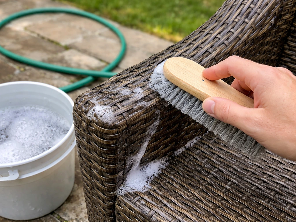 A soft brush scrubs a resin wicker chair frame with mild soapy water, near a garden hose.