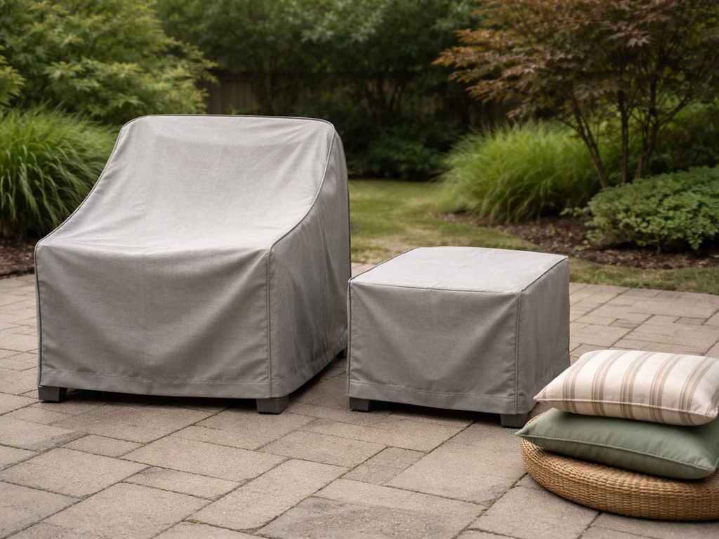 Water-resistant cover neatly fitted over patio furniture with cushions stored separately, outdoors.