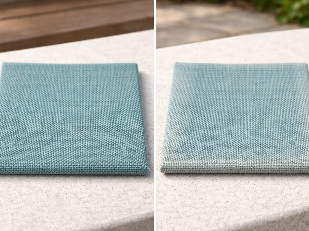 Close-up comparison of solution-dyed and generic patio cushion fabric showing dye depth and color consistency.
