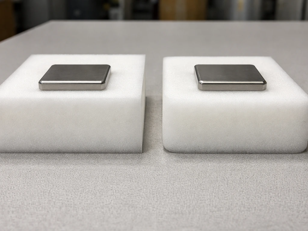Side-by-side foam blocks: high-density stays crisp, low-density compresses with rounded edges.