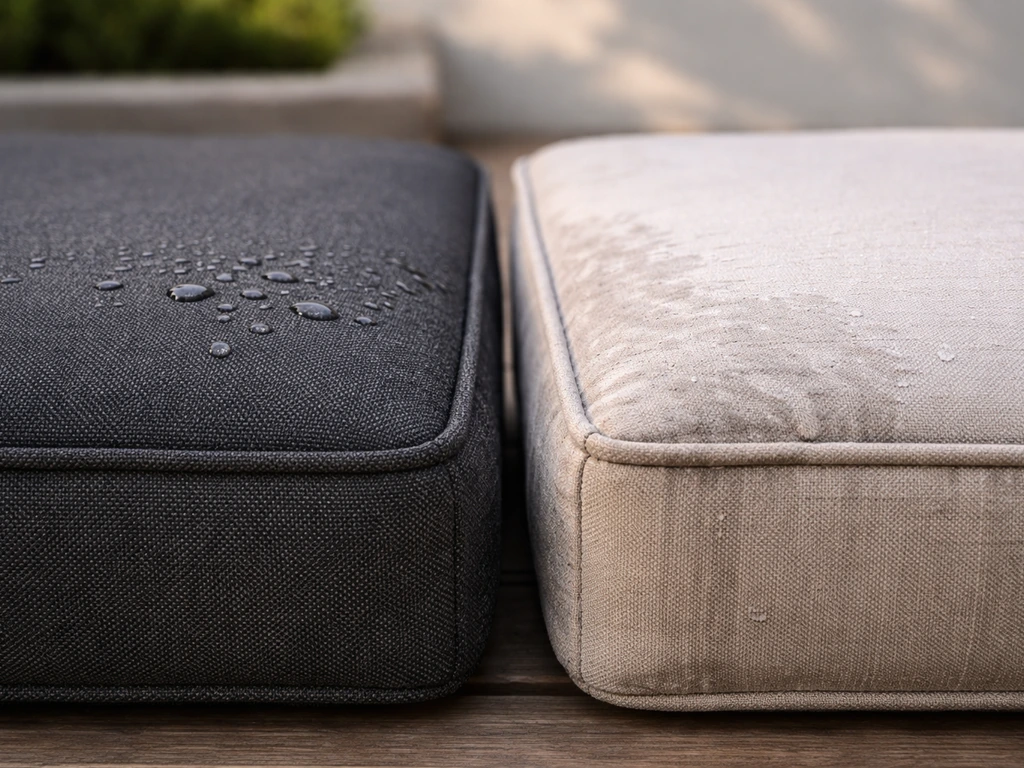 Two outdoor cushions side-by-side showing quick-dry fabric vs moisture-prone fabric texture in minimal setting