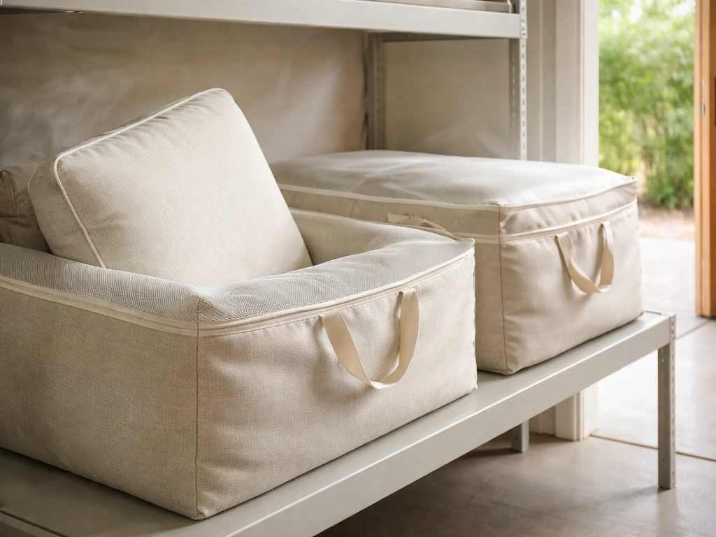 Dry outdoor cushions stored in breathable fabric bags in a ventilated garage.
