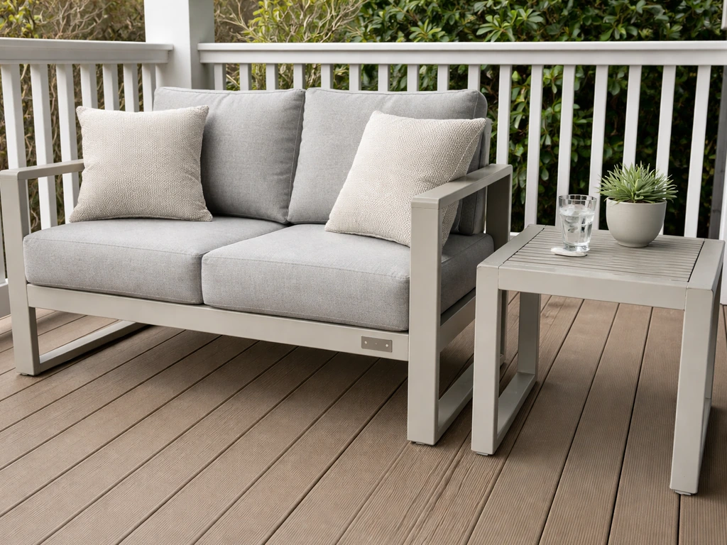 Outdoor patio furniture set on a porch with a visible manufacturer tag area for verification.