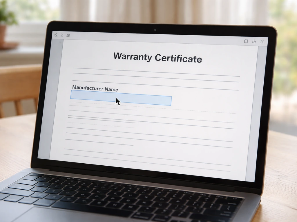 Laptop screen showing a warranty certificate PDF with the manufacturer name field visible.