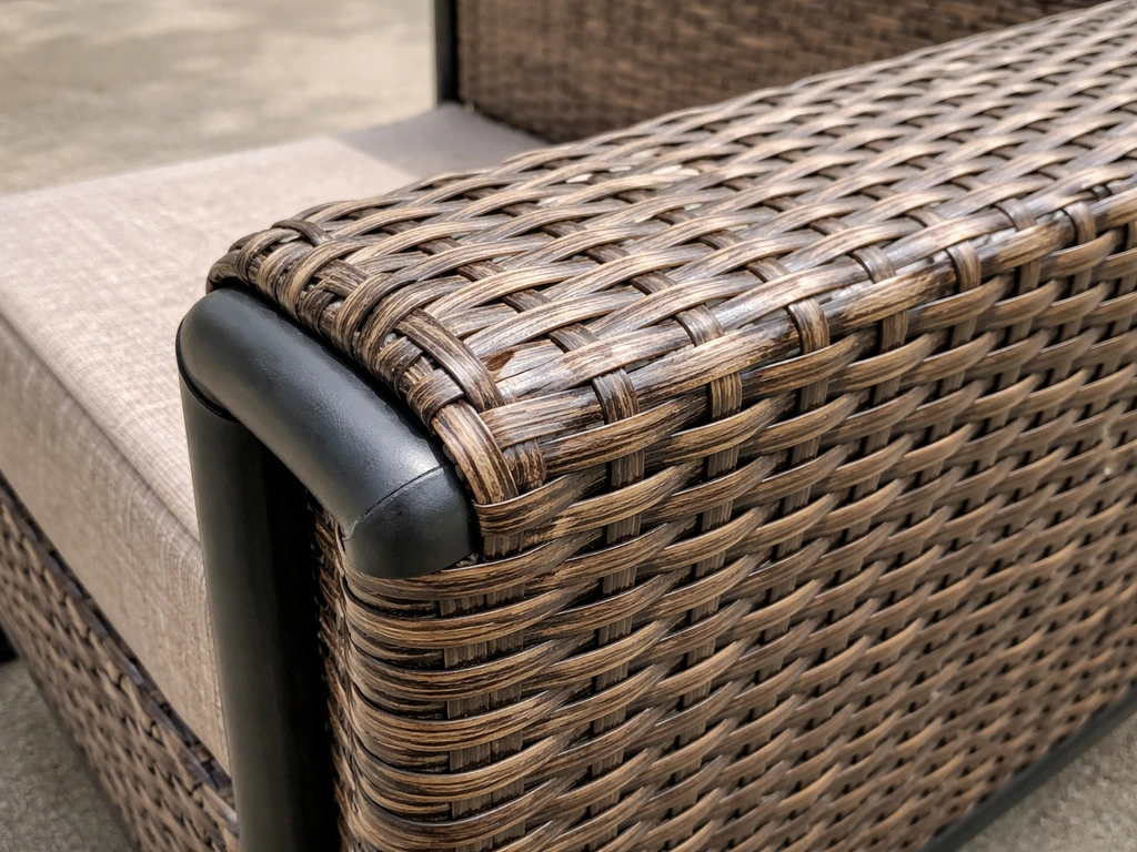 Side-by-side view of PE wicker over a visible steel frame on an outdoor chair.
