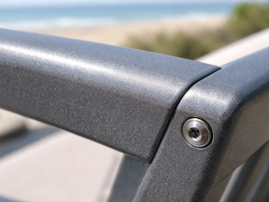 Close-up of powder-coated aluminum patio frame finish with visible hardware and texture.