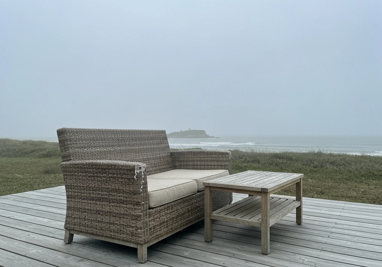 Cape May patio furniture on a coastal deck with salt-air wear and distant shoreline in soft light.