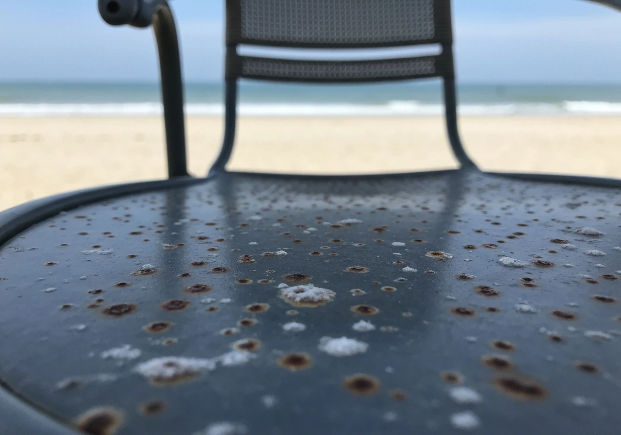 Close-up of a corroded metal patio chair seat with rust and pits in a coastal setting.