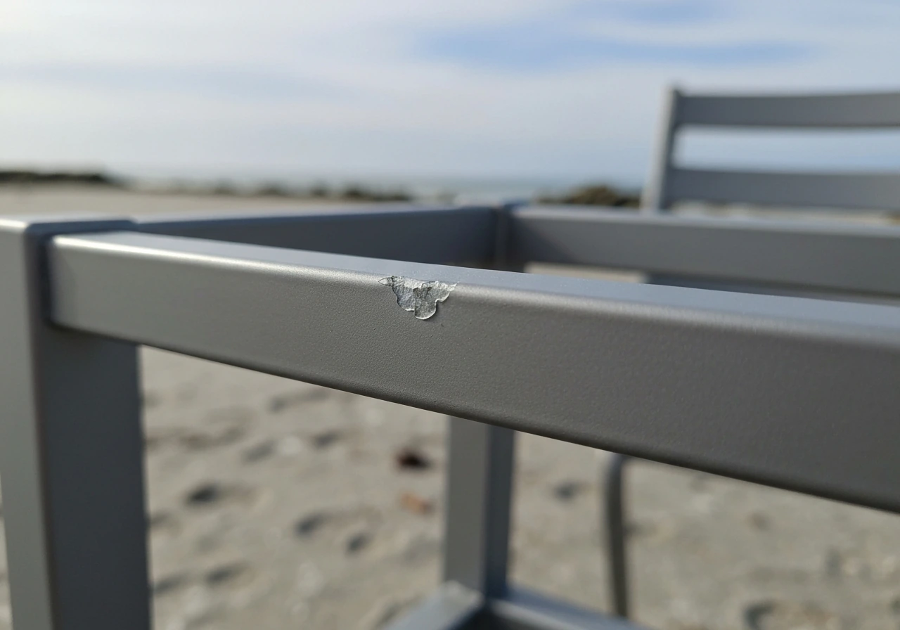 Close-up of a powder-coated aluminum chair frame with a small chip showing wear and exposed metal.