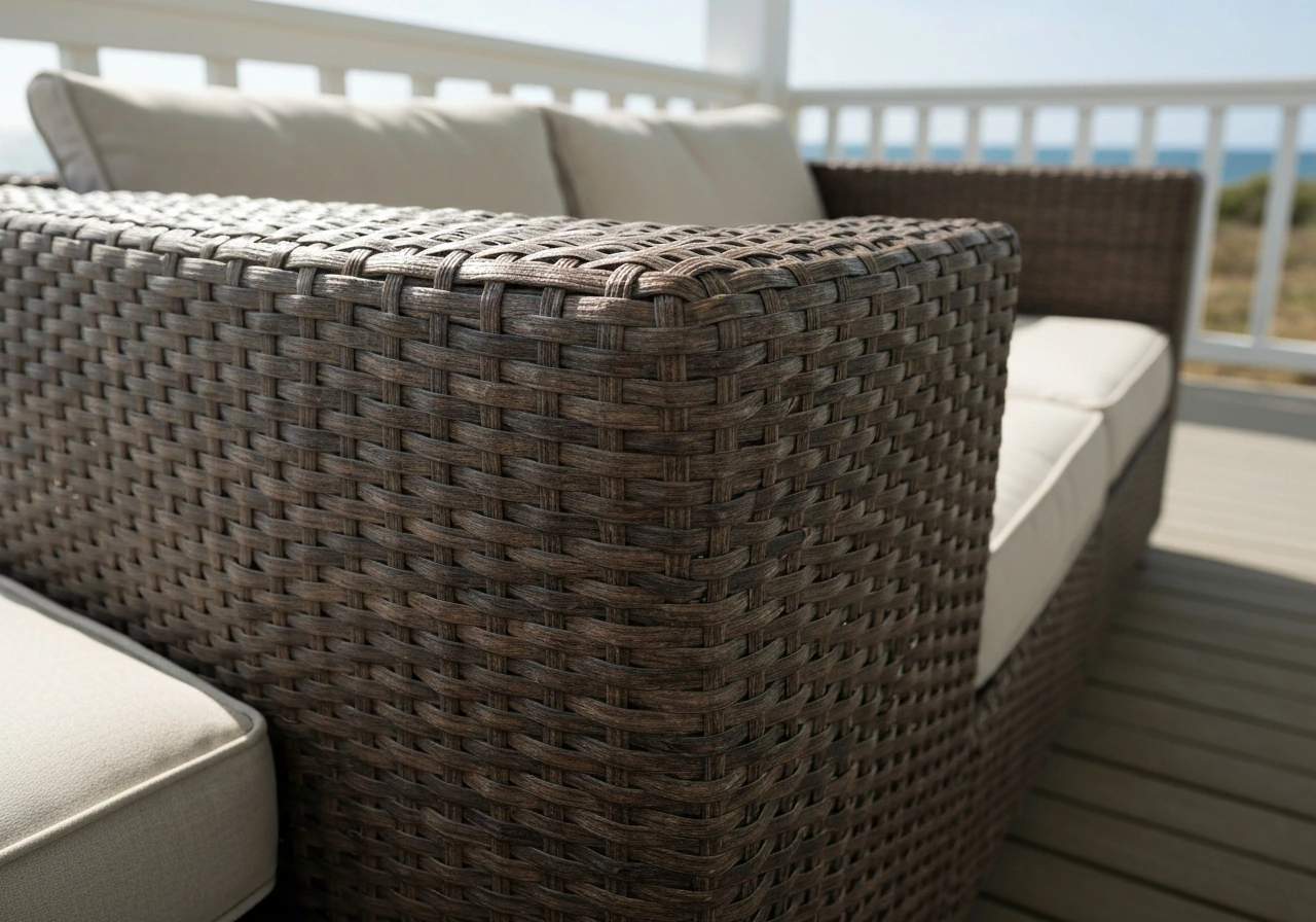 Close-up of an outdoor HDPE resin wicker sofa weave, highlighting UV-stable texture and sturdiness.