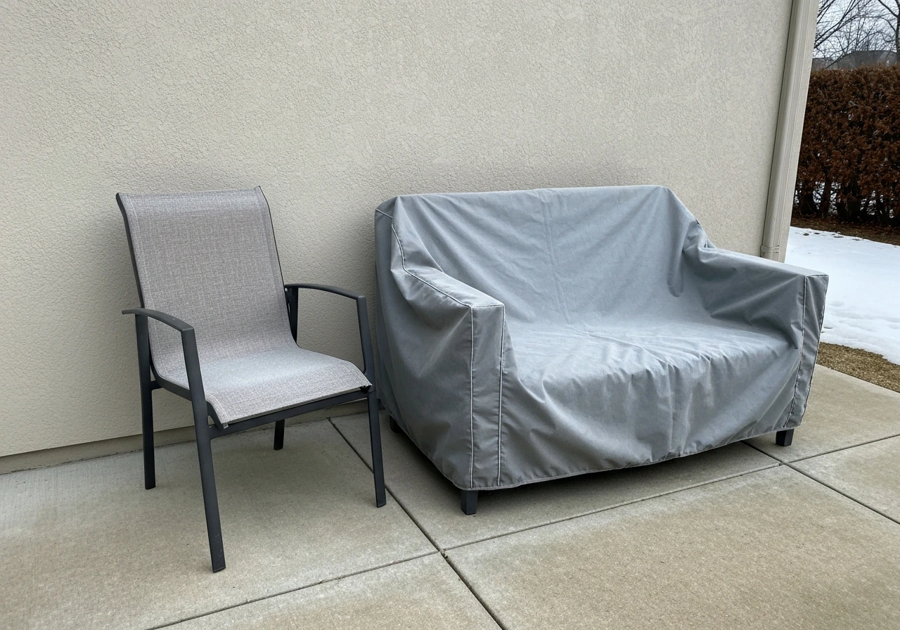 Outdoor furniture on a clean patio covered with a waterproof-breathable cover in wintery daylight.