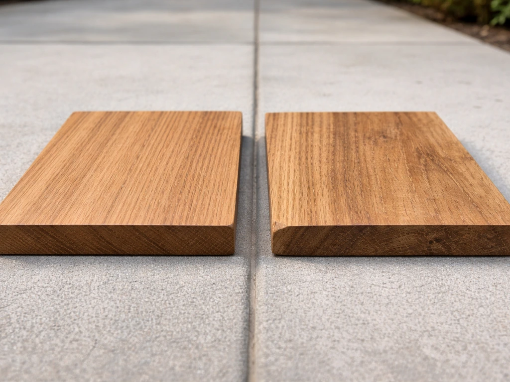 Side-by-side close-up of teak boards: one kiln-dried and even, one poorly dried with warping and uneven color.