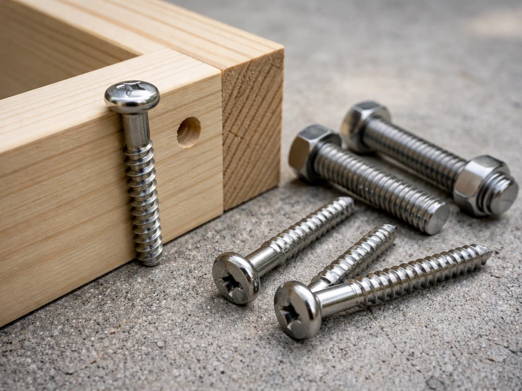 Close-up of 316 stainless marine screws and bolts next to a wooden frame edge, showing clean threads.