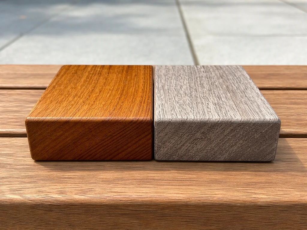 Two adjacent teak wood samples showing fresh golden oil versus weathered silvery-gray tones outdoors.