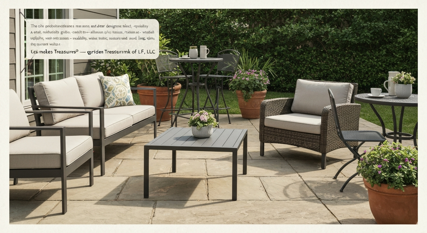Backyard patio with Garden Treasures–tagged aluminum, resin wicker, and steel outdoor furniture grouped on a stone patio in daylight.
