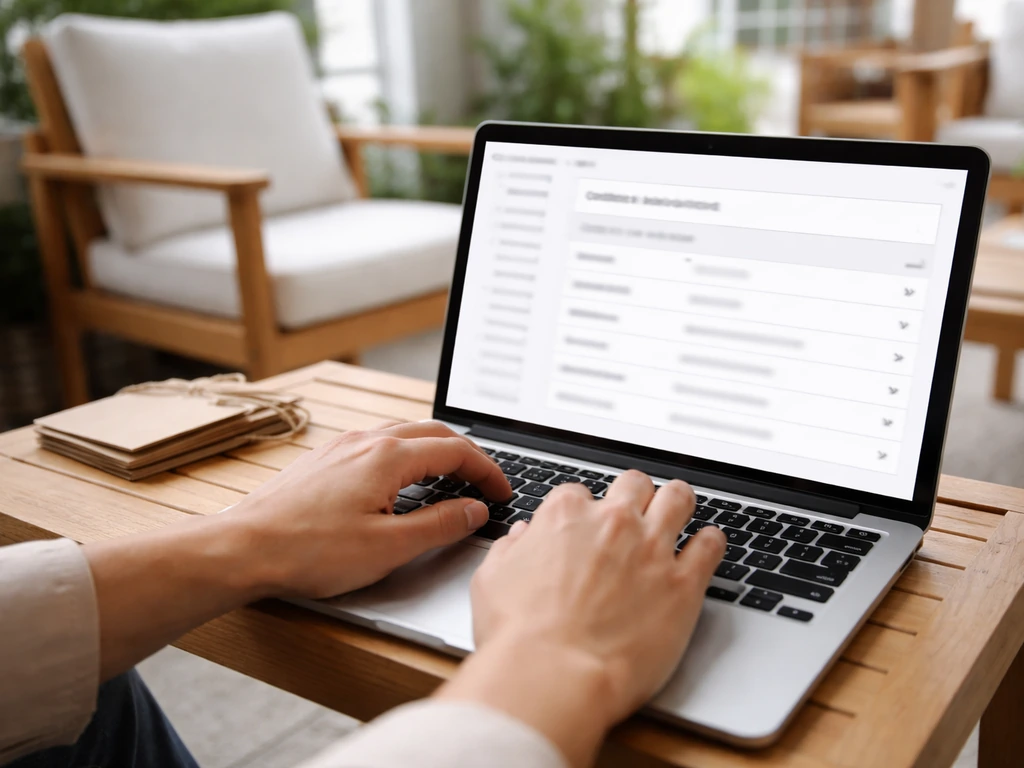Minimal photo of a patio furniture showroom with a laptop open to a generic FSC-style certificate lookup record.