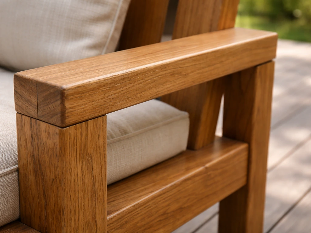 Close-up of FSC-certified teak patio furniture showing wood grain and joinery in soft natural light.