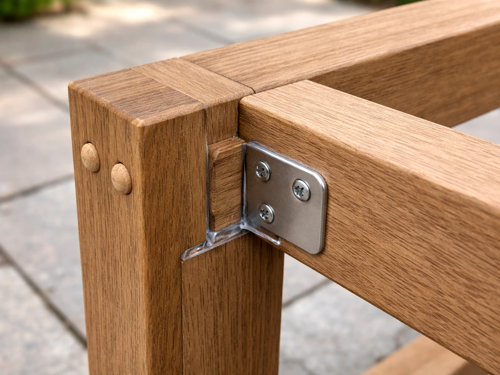 Close-up of sturdy wooden joinery and waterproofed hardware connection points on an outdoor furniture frame