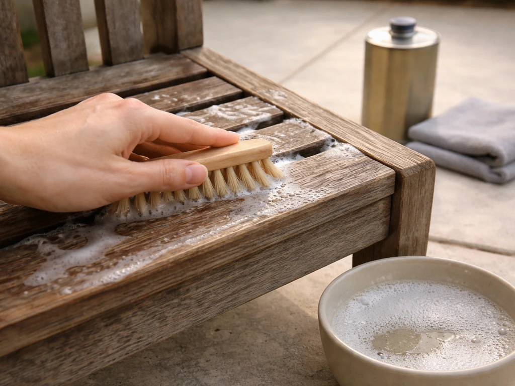 Hand cleaning teak with a soft brush and soapy water, with oil and cloth nearby outdoors.