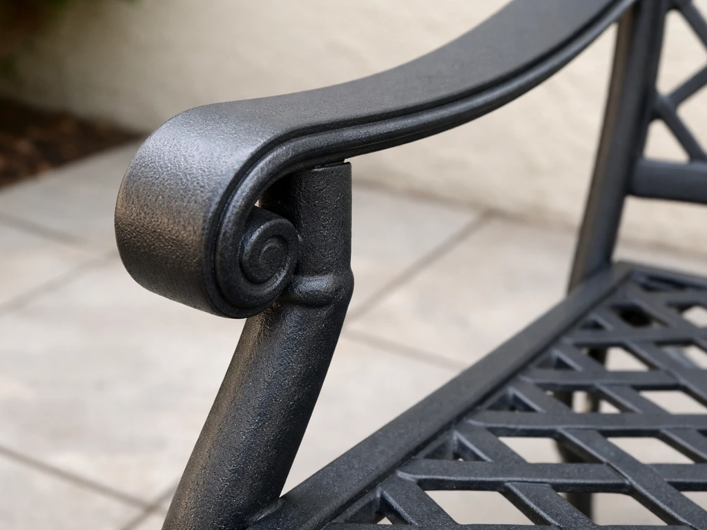 Close-up of wrought iron patio furniture showing uniform black finish and intact weld coating