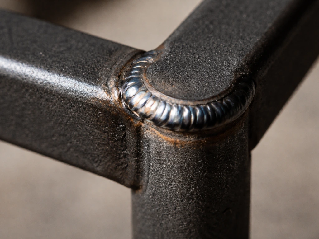Macro of a wrought iron frame joint with a continuous, gap-free weld surrounding the intersection.