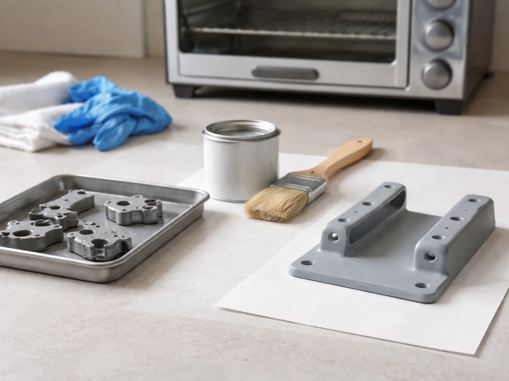Tabletop coating setup showing cleaned metal, primer stage, and a powder-coated part ready to cure