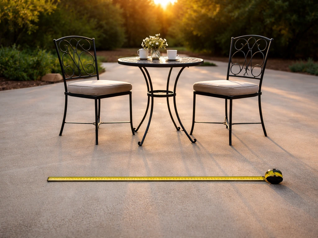 Wrought iron patio dining set with cushions and a measuring tape laid on the ground for space planning.