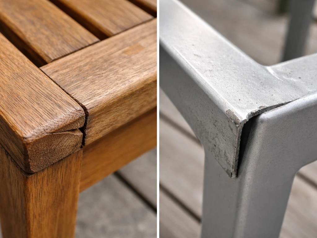 Close-up of teak wood and an aluminum frame side-by-side, showing distinct cracks and pitting damage.