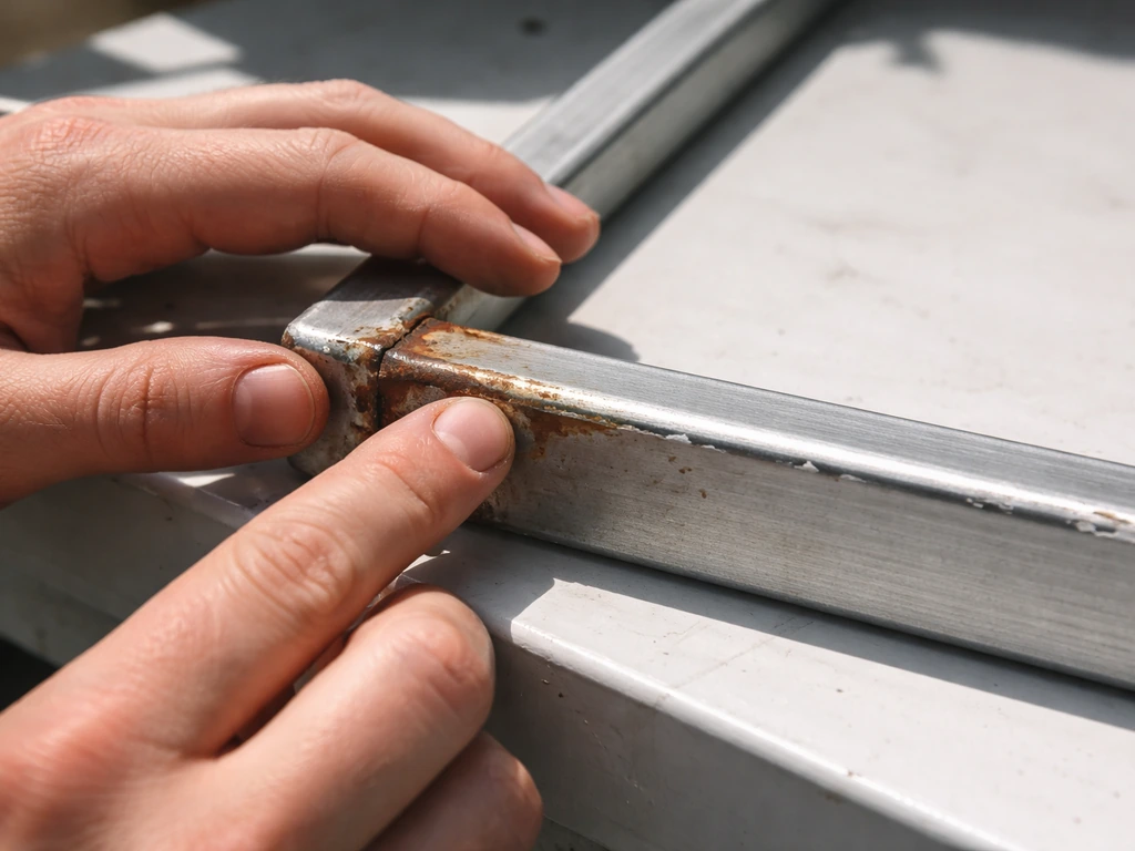 Hands inspecting a metal frame in bright light, showing faded finish, rust staining, and chipped coating.