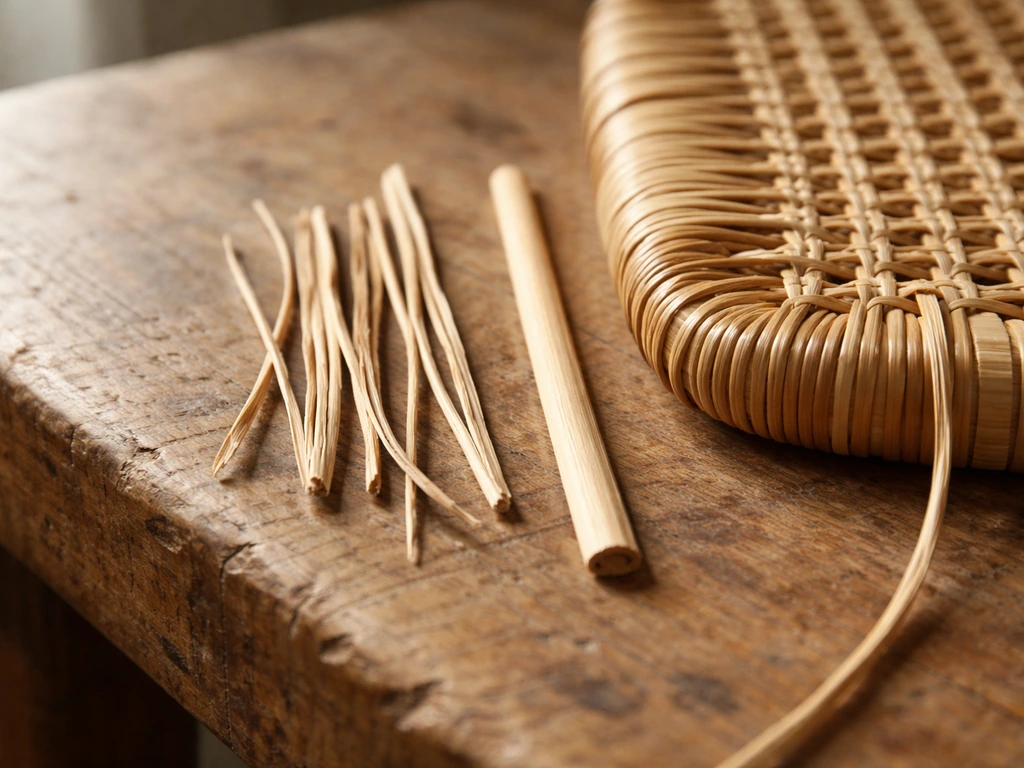 Broken natural reed strands beside a replacement piece during wicker/rattan re-weaving on a wooden bench.