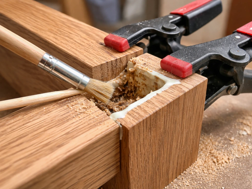 Close-up of a cleaned, re-glued wooden joint held with spring clamps in a simple workshop setting.