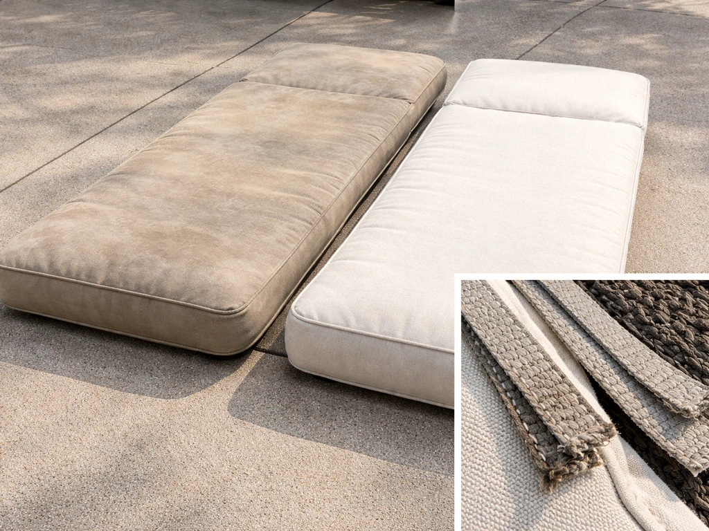 Outdoor cushions side by side: faded/stained fabric next to freshly recovered fabric with close-up straps.