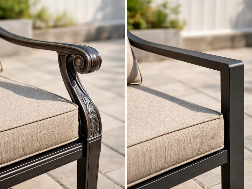 Two patio furniture pieces outdoors: cast aluminum with ornate detailing and extruded aluminum with clean straight lines