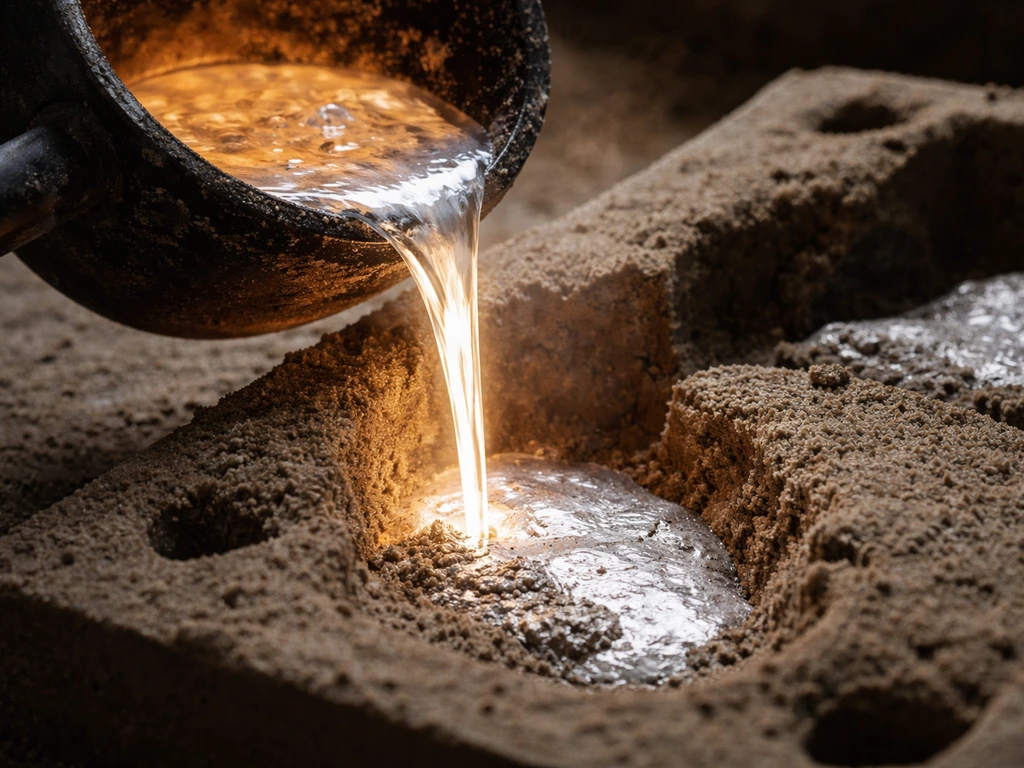 Molten aluminum pouring near a sand mold, showing a rough sand-cast metal texture.