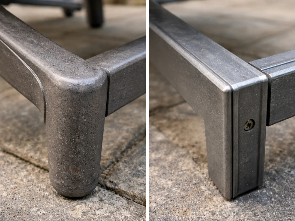 Close-up of two outdoor aluminum furniture joints showing different wear: cast arm/leg joint vs extruded corner