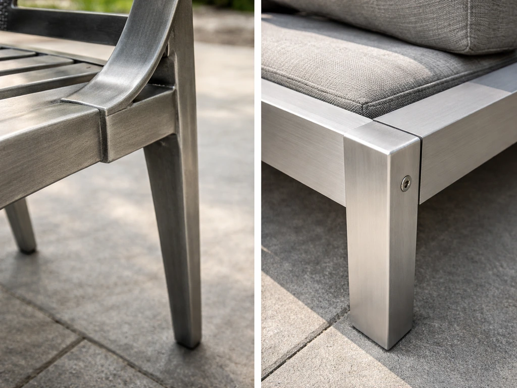 Close-up of two cast aluminum furniture connections showing rigid frame thickness and weighty build.