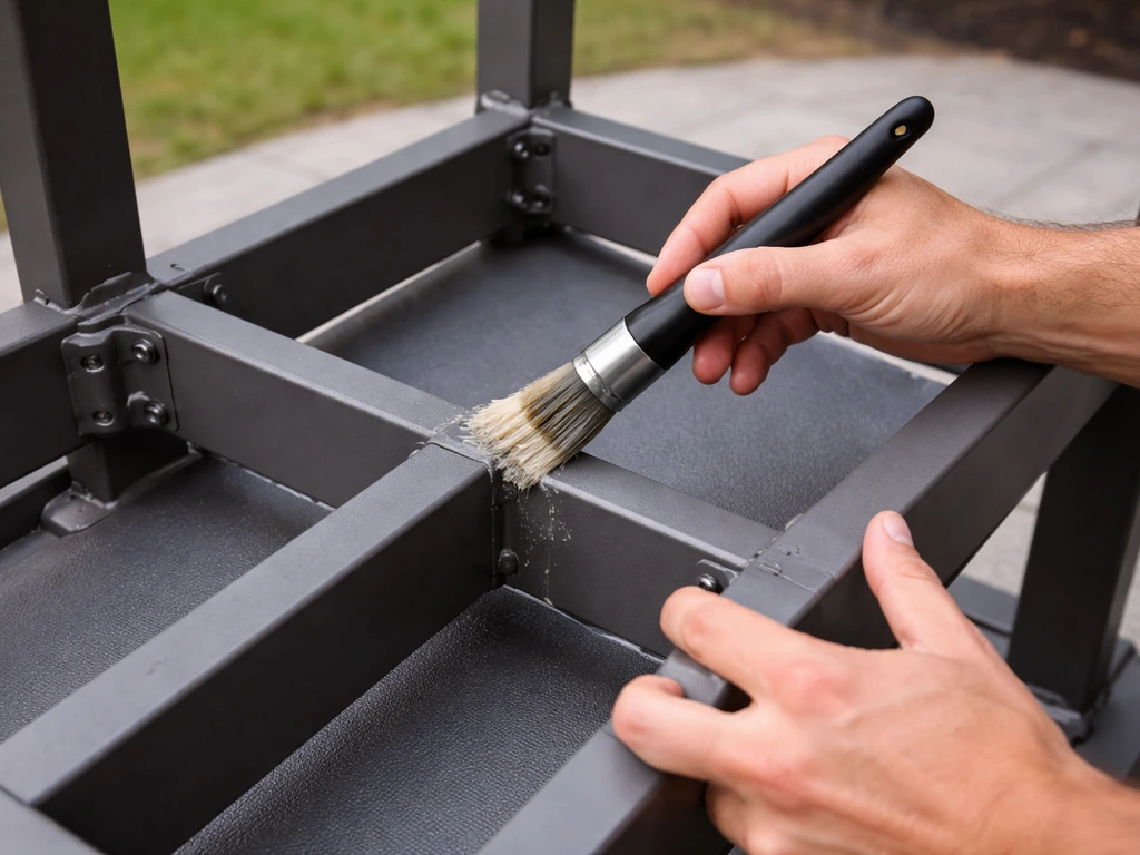 Hand using a soft brush to inspect and lightly clean the underside joints of cast aluminum patio furniture.