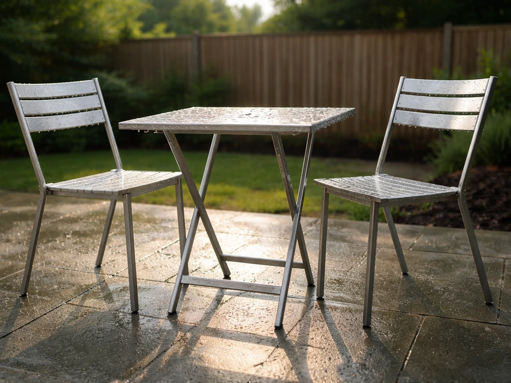 Aluminum patio table and chairs outdoors under sun and light rain, showing weather-resistant durability