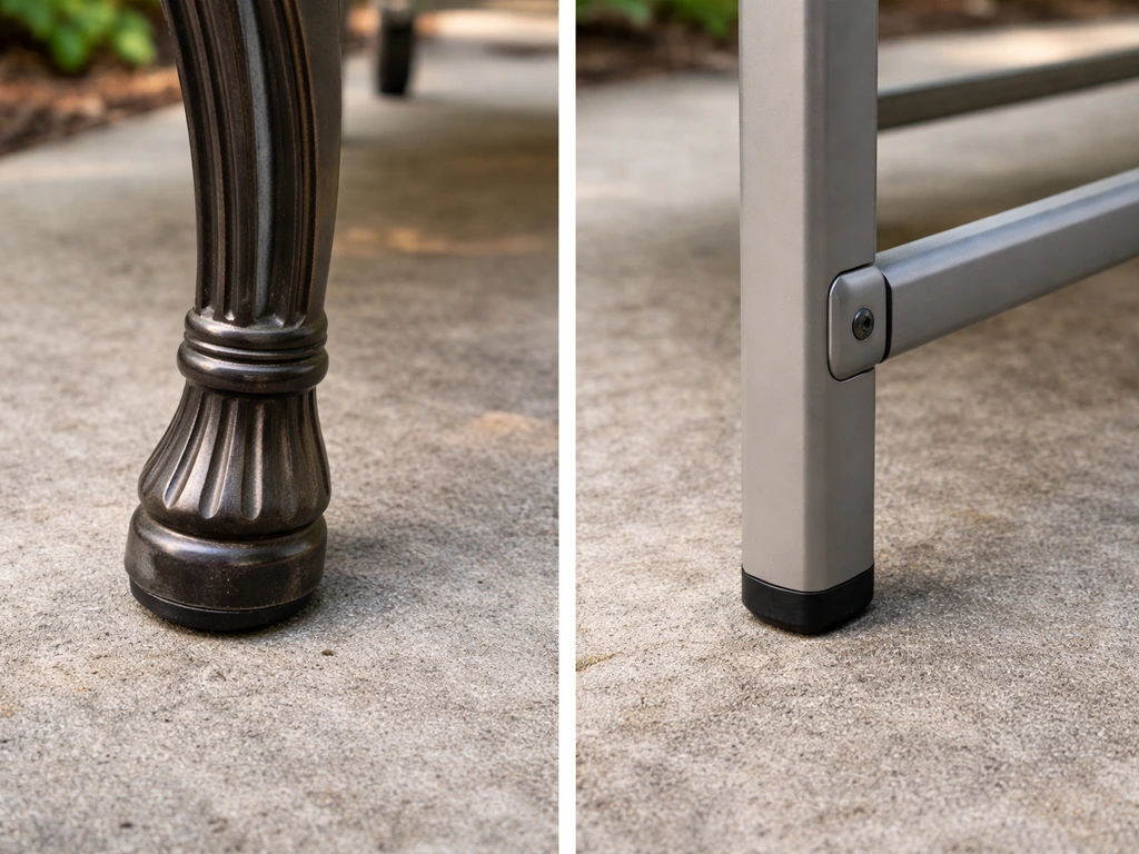 Close-up comparison of cast aluminum patio chair leg detail and simple tubular frame on a neutral outdoor surface.