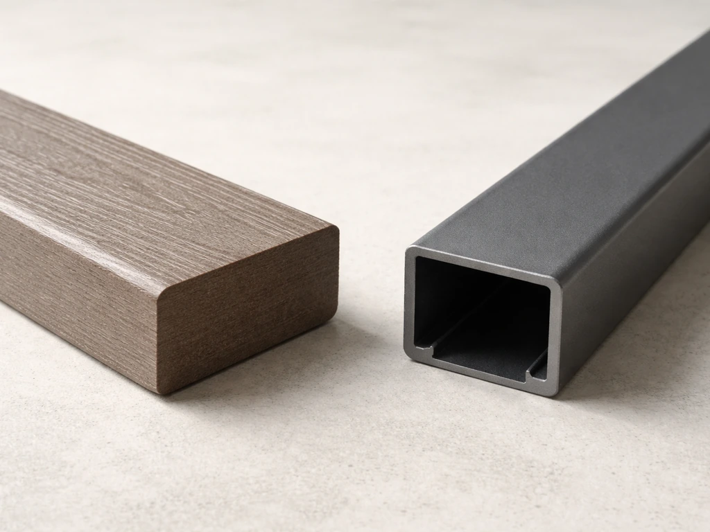 Two material samples side by side: wood-look HDPE lumber and a powder-coated aluminum frame piece.