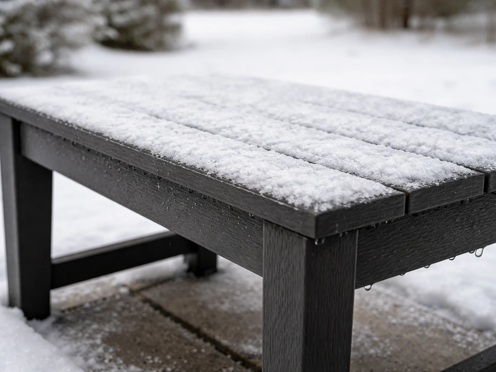 Snow-dusted outdoor Polywood bench/tabletop with slight ice and melt, suggesting freeze-thaw durability.