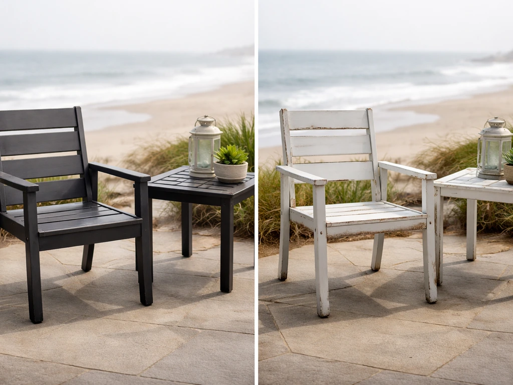Polywood furniture sits beside aluminum outdoors near the coast, showing corrosion on aluminum not Polywood.