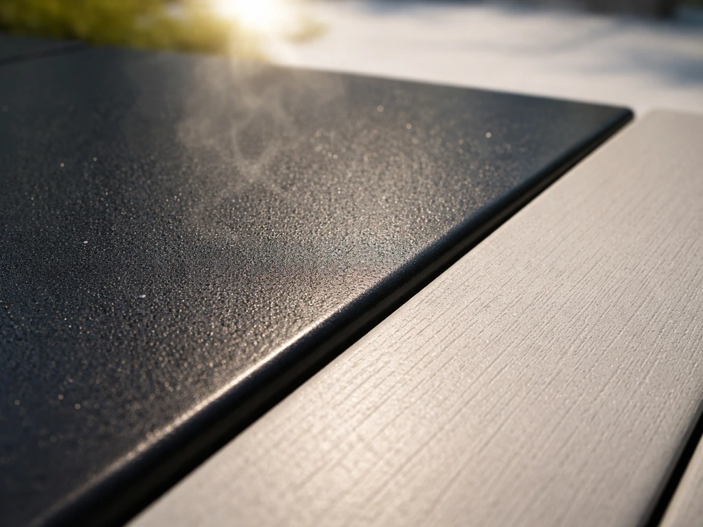 Close-up of a dark powder-coated aluminum outdoor table surface in hot sun, emphasizing heat to the touch.